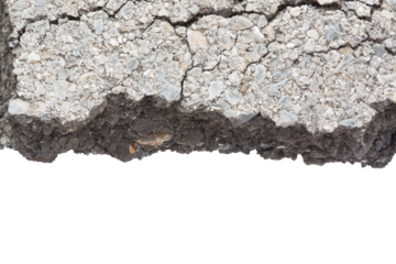 Part of asphalt cracks on the road isolated on white background.