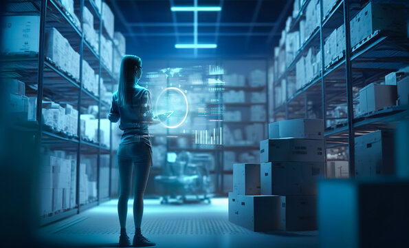 Business management or organization with smart system..package box or contener in storage warehouse.robot automation technology.market demand and supply.generative ai technology