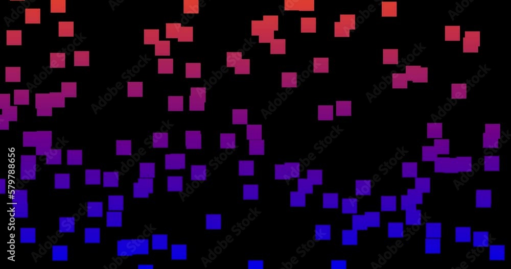 Poster pixel art, square falling down, chaos. pixel rain on black background. motion, animation. colored pi