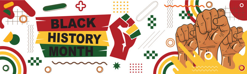 Banner Black History Month . Raised fists or hands  African American History. February or October. Poster, card, background. Yellow Red Green abstract cultural traditional shapes Vector illustration. 