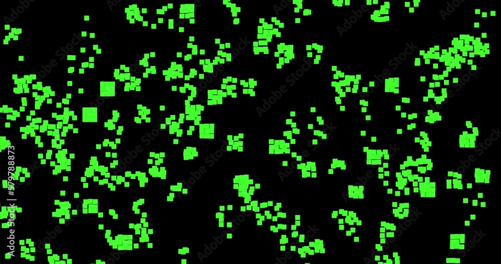 Poster pixel art, square falling down, chaos. pixel rain on black background. motion, animation. colored pi