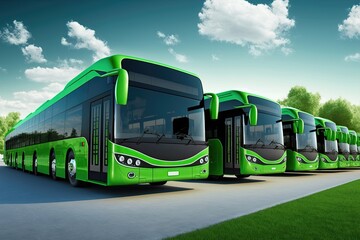 Green electric buses in a row. Generative AI - obrazy, fototapety, plakaty