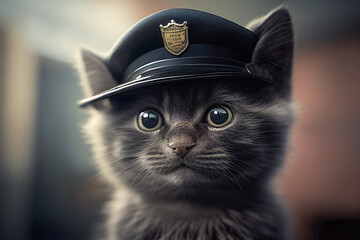 Cat face or cat head in a police hat. Generative AI.