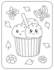 Three scoops of ice cream. Butterflies and flowers. Cheerful vector illustration.Kawaii.Coloring book.