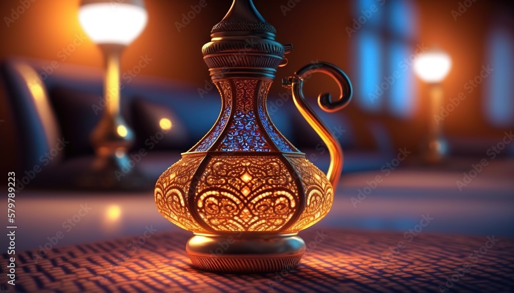 Aufkleber a decorative glass vase sitting on top of a table next to a lamp on a table cloth covered tablecloth