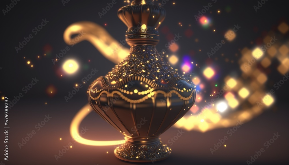 Poster a shiny vase with a golden handle on a dark background with a blurry light coming from the top of th