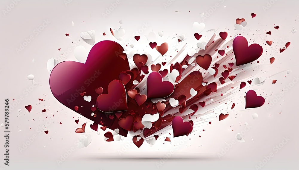 Poster a bunch of hearts that are flying through the air on a pink background with white and red hearts in 