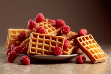 Belgian waffles with raspberries.
