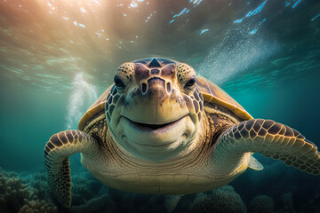 Obraz premium Close up of a sea turtle underwater. Endangered wildlife and ocean ecosystem concept. Generative AI