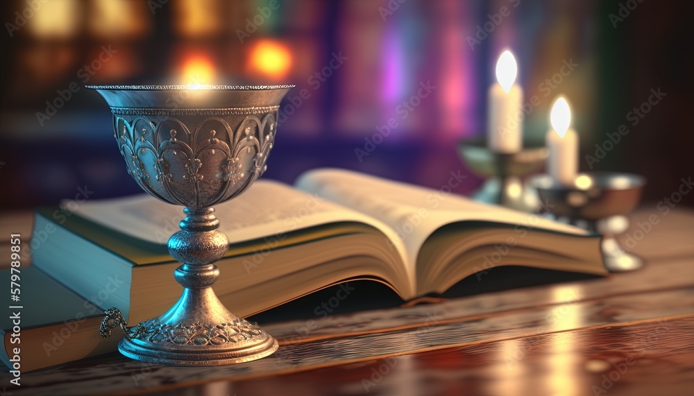 Poster an open book and a silver cup on a table with a lit candle in the middle of the book and an open boo