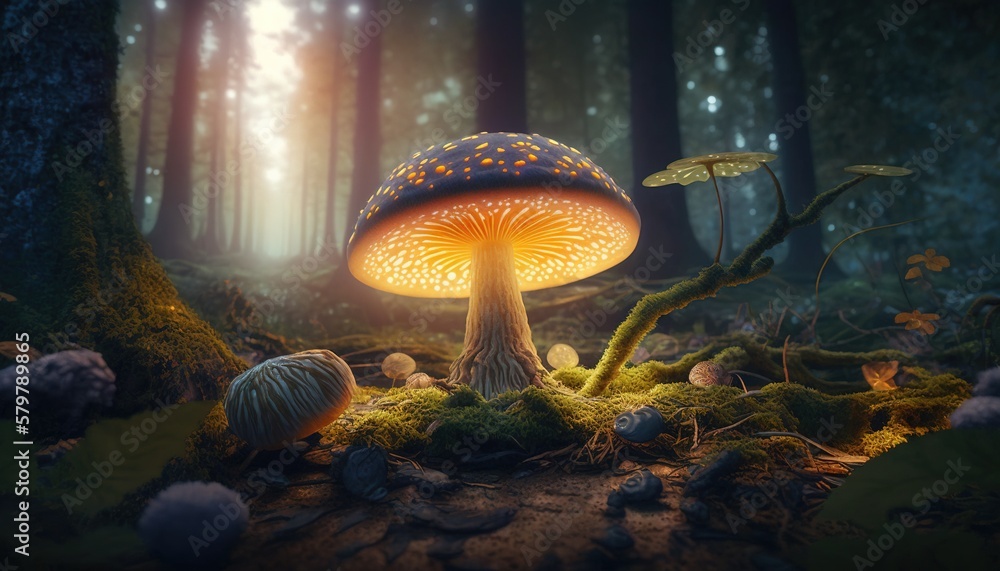 Poster a mushroom in the middle of a forest with moss growing on the ground and a light shining on the mush