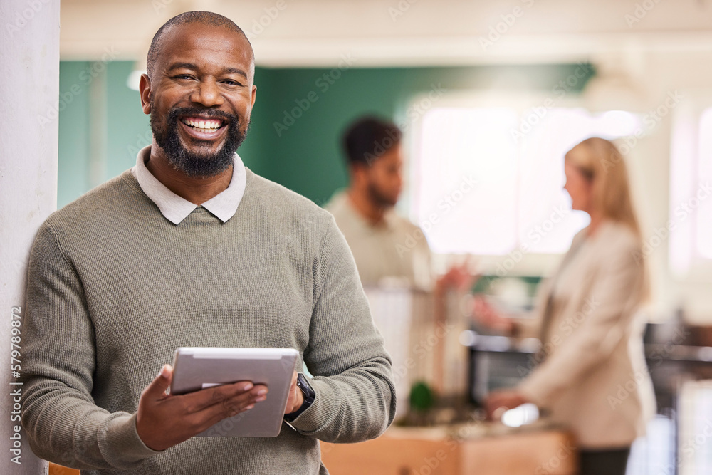 Poster Black man, tablet and smile in portrait at startup, scroll device and happy with tech, communication and app. Social media, email and networking with businessman, web design or IT at digital agency