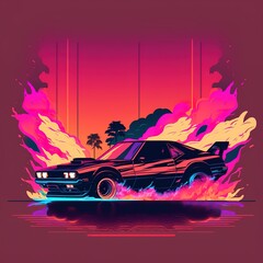 Plakat Retrowave illustration of a car, drifting, burnout (AI generated)
