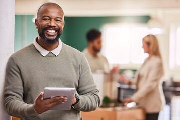 Black man, tablet and smile in portrait at startup, scroll device and happy with tech,...