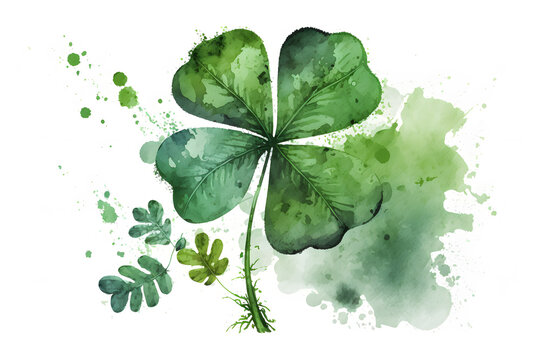 St Patrick Day background, green clover leaf, shamrock, watercolor, plants made with Generative AI