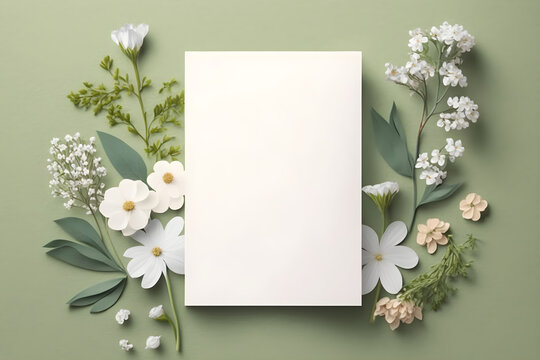 Blank greeting card mockup on green background with white spring daisy flowers and decoration. Spring flat lay composition. Top view with copy space. AI generated.