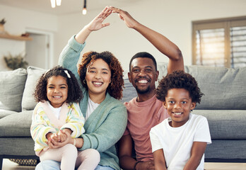 Family, portrait and security, love and insurance for protection with parents and children. Hands...