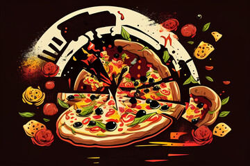 Pizza poster for menu restaurant. Pizza design style promotional fast food poster. Pizza Flyer and poster for pizzeria cafe menu. Pizzeria vector and Logo of pizzeria, Ai Generative illustration.