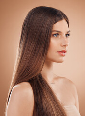 Woman, face or skincare glow and hair style, keratin treatment or dermatology healthcare on studio...