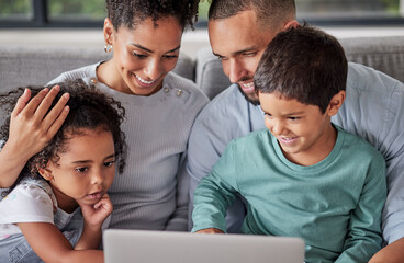 Mother, father and children bond with laptop for movie streaming, video call or internet search on house or home living room sofa. Smile, happy and relax man, woman or parents with kids or technology