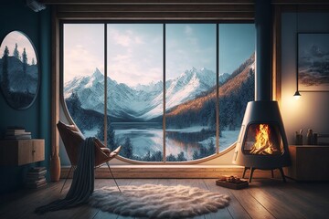 ?A homely lounge featuring a contemporary hearth and a grand window with picturesque snow covered peaks AI Generation