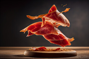 Spanish jamon or Jamon Iberico. Jamon serrano Spanish ham. Spanish eat and spanish pork meat. Ai Generative Illustration. - obrazy, fototapety, plakaty