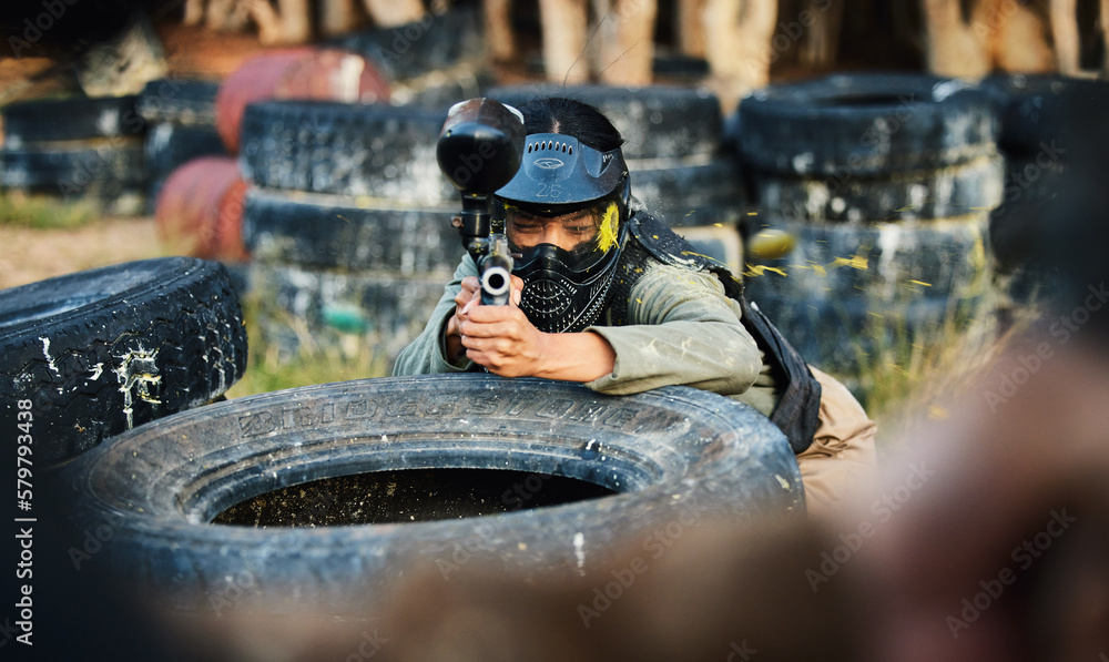 Poster Paintball, person aim gun at target and military tactics, shooting range and war game for sports outdoor. Soldier with weapon on battlefield, action and camouflage, helmet for safety and adventure