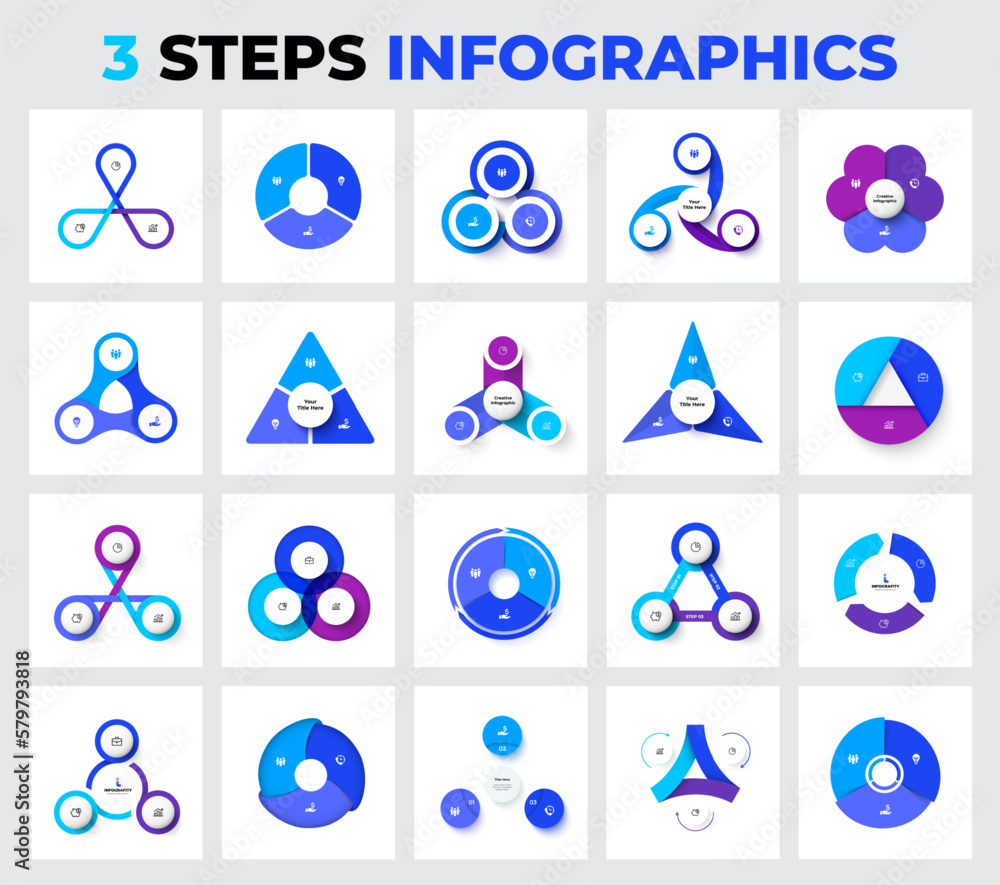 Poster Set of cycle diagrams with 3 options, steps or processes. Circles, triangles and other abstract elements for infographic