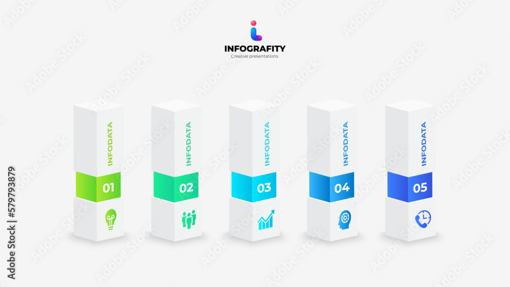 Poster Five 3D columns for infographics. Abstract elements of diagram with 5 steps, options, parts or processes