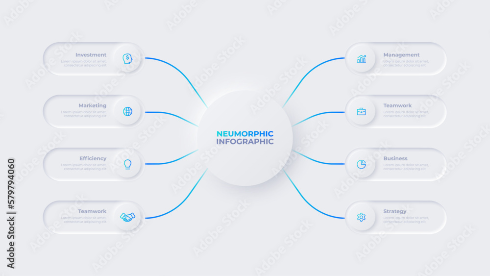 Poster Central circle with rounded elements on the both sides. Neumorphic flowchart infographic with 8 options
