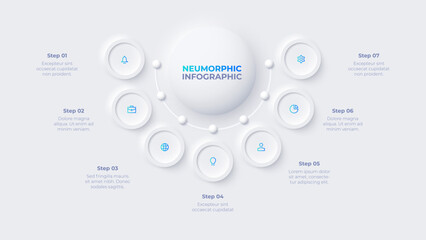 Neumorphic infographic design template. Flowchart diagram with 7 options