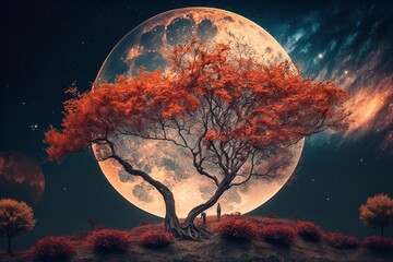 Fototapeta na wymiar Beautiful autumn fantasy - maple tree in fall season and full moon with milky way star in night skies background. Retro style artwork with vintage color tone Generative AI