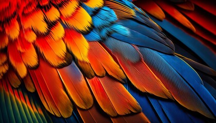 Colorful of Scarlet macaw bird's feathers with red yellow orange and blue shades, exotic nature background and texture Generative AI