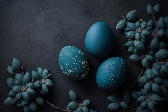 Blue easter eggs painted by hand on a dark background. Easter stylish minimal composition. Top view, flat lay, copy space Generative AI