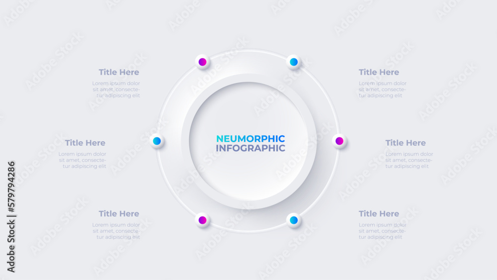 Poster cycle diagram with 6 options or steps. infographic neumorphism template