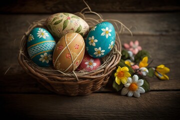 Fototapeta premium Happy easter, Easter painted eggs in the basket on wooden rustic table for your decoration in holiday. copy space Generative AI