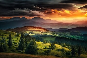 mountainous countryside scenery at sunset. dramatic sky above the distant valley. green fields and trees on the hill. beautiful nature scenery of carpathians Generative AI
