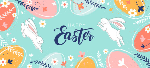 Easter banner template with white bunny,Easter eggs in pastel colors and Hand drawn flowers doodle.Greetings and presents for Easter Day in Modern minimal style.Promotion and shopping template