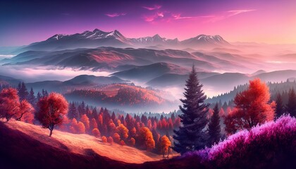 Wide angle panorama autumn forest,misty hills mountain tops in pink dawn Generative AI