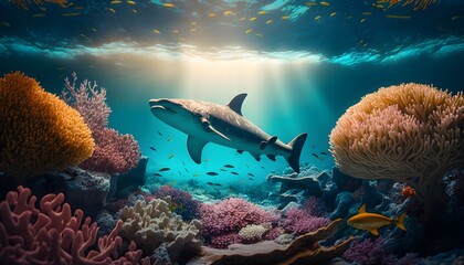 A hammerhead shark gracefully swimming through the colorful coral reefs of the Great Barrier Reef. Generated by AI. - obrazy, fototapety, plakaty