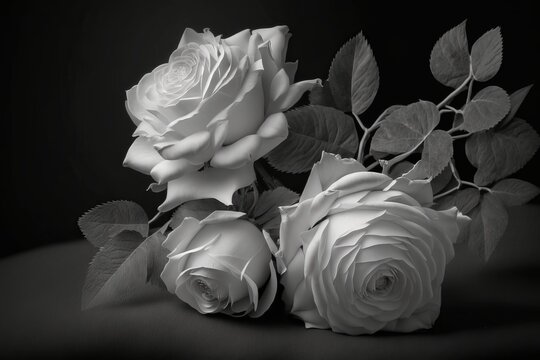 White roses on a dark background. Condolence card. Empty place for emotional, sentimental text or quote. Black and white image Generative AI