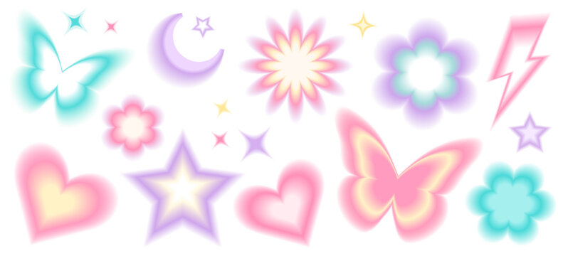 Y2k blurred gradient unfocused set. Abstract geometric shapes in trendy retro style. Heart, flower, daisy, butterfly, star, moon