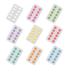 Set of colorful round tablets in package, pills in blister, medical drugs. Flat style vector objects isolated on white background