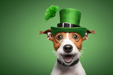 Happy dog wearing St. Patricks Day costume made with Generative AI