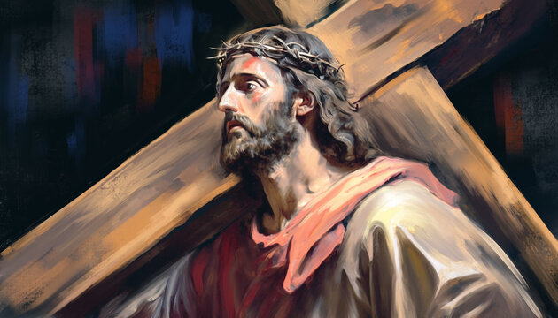 Jesus Christ carrying a heavy wooden cross to Calvary, Good Friday, Holy Easter, art painting, Happy easter. Christian symbol of faith, generative ai
