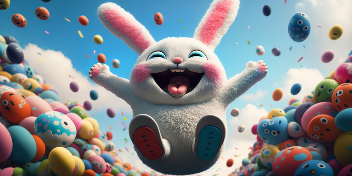Happy cute, adorable cartoon Easter Bunny jumping out of many colorful easter eggs, soft light, vibrant colors. Generative AI