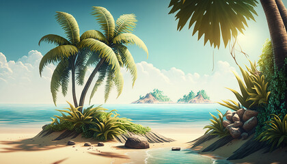 A digital painting of a tropical beach with palm trees 3d style background generated ai