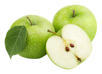 Ripe green apples with apple leaf and apple half isolated on transparent background