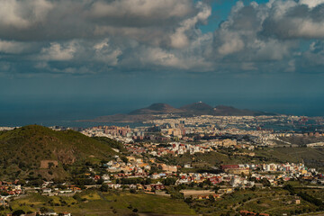 View of Las Palmas de Gran Canaria city from viewpoint in Caldera de Bandama crater, Gran Canaria, Spain
