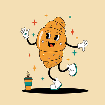 Comic flat croissant shape with face on decorated background. Vector cartoon illustration in groovy retro style with bakery. Square image of cute tasty character with smile for poster or concept